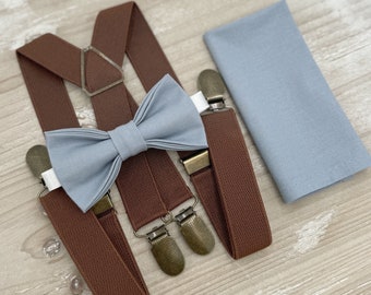 Dusty Blue Bow Tie & Suspenders – All Sizes for Boys and Men, X- Back Brown Braces, Pocket Square, Ring Bearer, Boho Rustic Wedding