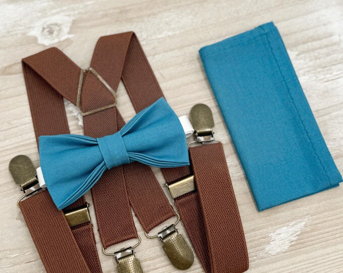 Teal Blue Bow tie & Suspenders | Brown X - Back Braces | Pocket Square | Ring Bearer Outfit | Boho Rustic Wedding