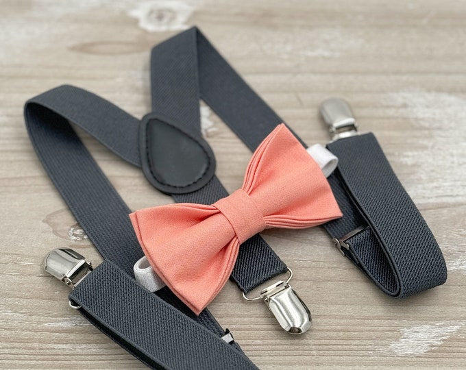 Sunset Bow tie & Suspenders | Charcoal Dark Gray Braces | Coral Bow | Pocket Square | Ring Bearer Outfit | Boho Wedding | Groomsman Gift