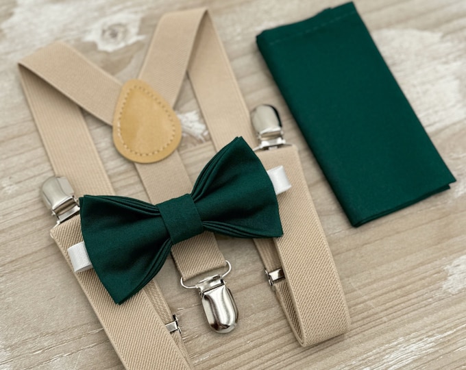 Pine Bow tie & Suspenders | Champagne Tan Braces | Gem Bow | Pocket Square | Ring Bearer Outfit | Boho Rustic Wedding
