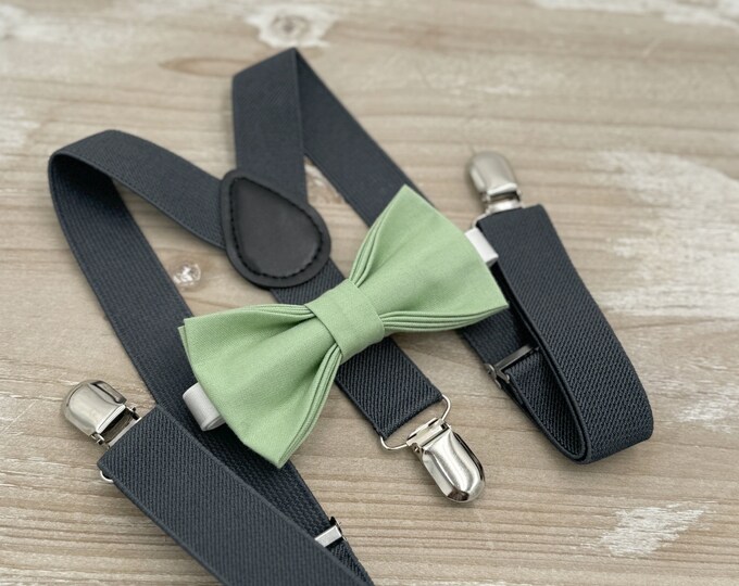Sage Bow tie & Suspenders | Charcoal Dark Gray Braces | Pocket Square | Ring Bearer Outfit | Boho Wedding | Groomsman Gift