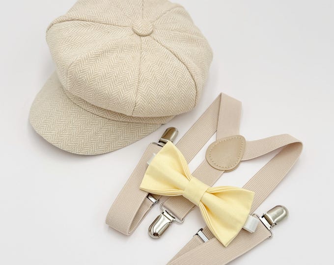 Newsboy Cap Outfit, Baby to 10 Years - Ring Bearer & Page Boy Wedding Set, Buttercup Yellow Bow Tie and Ivory Suspenders, Gatsby Flat Cap