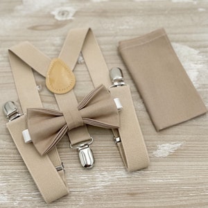 Light Taupe Bow Tie & Champagne Suspenders, All Sizes Baby to Adult, Pocket Square, Ring Bearer Outfit, Boho Rustic Wedding, Groomsman Gift