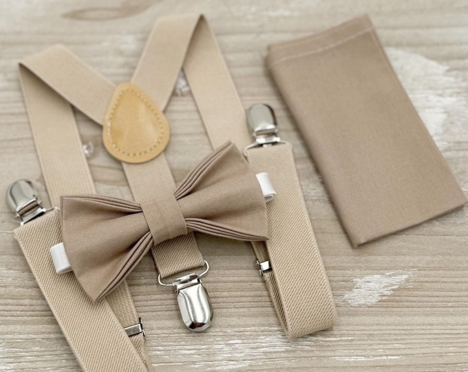 Light Taupe Bow tie & Suspenders | Champagne Tan Braces | Pocket Square | Ring Bearer Outfit | Boho Rustic Wedding
