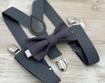 Dark Gray Bow Tie & Suspenders Set - Ring Bearer and Groomsman Outfit, Rustic Wedding, All Sizes Baby to Adult