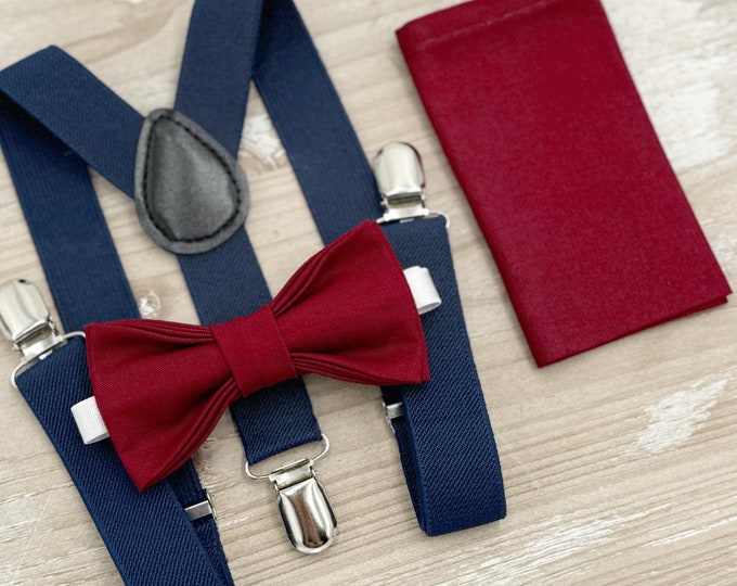 Burgundy Bow tie & Suspenders | Navy Blue Braces | Pocket Square | Ring Bearer Outfit | Boho Rustic Wedding