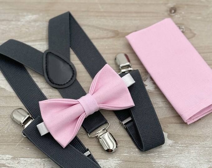 Candy Pink Bow tie & Charcoal Suspenders | Pocket Square | Ring Bearer Outfit | Boho Rustic Wedding Set | Groomsman Gift | Dark Gray Braces