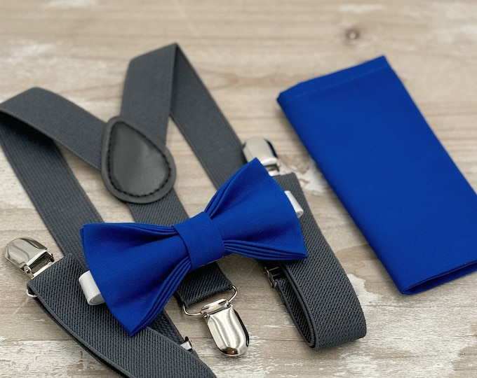 Royal Blue Bow tie & Suspenders | Charcoal Dark Gray Braces | Pocket Square | Ring Bearer Outfit | Boho Wedding Outfit | Groomsman Gift