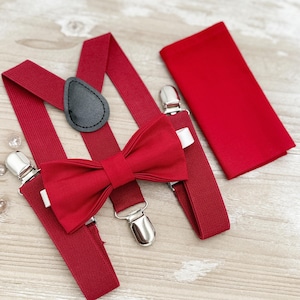 Red Bow Tie & Suspenders Set - Ring Bearer and Groomsman Outfit, Rustic Wedding, Apple Red Pocket Square, All Sizes Baby to Adult