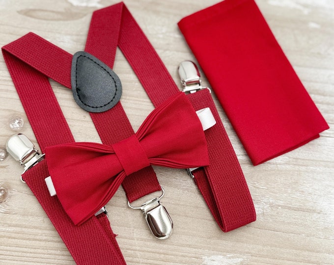 Apple Red Bow tie & Suspenders | Pocket Square | Ring Bearer Outfit | Boho Rustic Wedding | Holiday Christmas Outfit