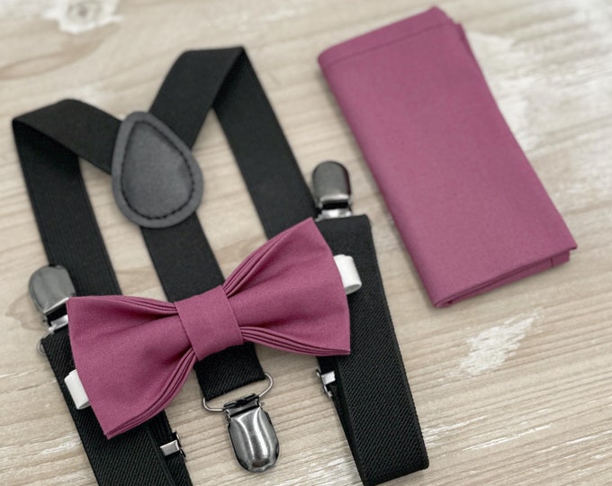 Chianti Bow tie & Suspenders | Black Braces | Mulberry Bow | Pocket Square | Ring Bearer Outfit | Boho Rustic Wedding
