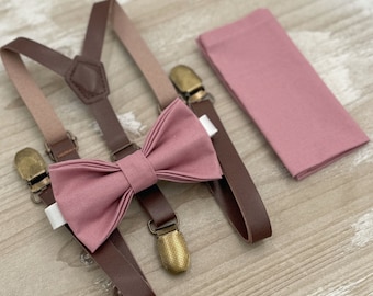 Dusty Rose Bow Tie & Suspenders - Skinny Leather Braces, Pocket Square, Groomsman Wedding Set