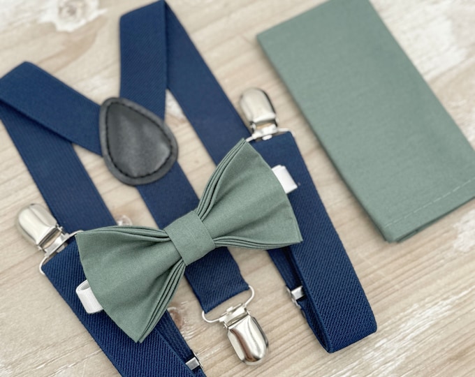 Eucalyptus Bow Tie & Suspenders – All Sizes for Men and Boys, Navy Blue Suspenders, Pocket Square, Ring Bearer Gift, Rustic Wedding