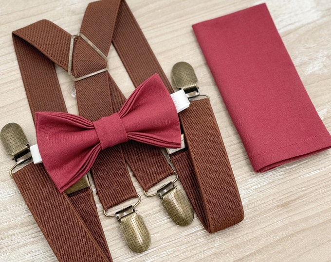 Rosewood Bow tie & Suspenders | Brown X - Back Braces | Desert Rose Bow | Pocket Square | Ring Bearer Outfit | Boho Rustic Wedding