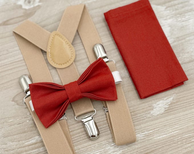 Terracotta Bow tie & Suspenders, Nude Beige Braces, Cinnamon Bowtie, Pocket Square, Ring Bearer Outfit, Boho Rustic Wedding