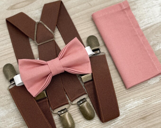 Champagne Rose Bow tie & Suspenders | X - Back Brown Braces | Pocket Square | Ring Bearer Outfit | Boho Rustic Wedding