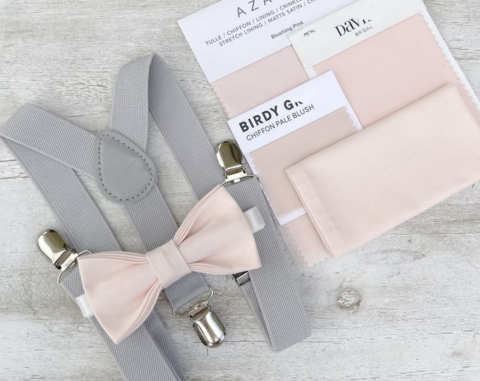 Blushing Pink Bow Tie & Gray Suspenders Set - Ring Bearer and Groomsman Outfit, Rustic Wedding, Pocket Square, All Sizes Baby to Adult