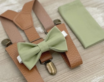 Pistachio Bow tie & Vegan Leather Suspenders, Light Brown Braces, Groomsman Set, Pocket Square, Ring Bearer Outfit, Rustic Boho Wedding