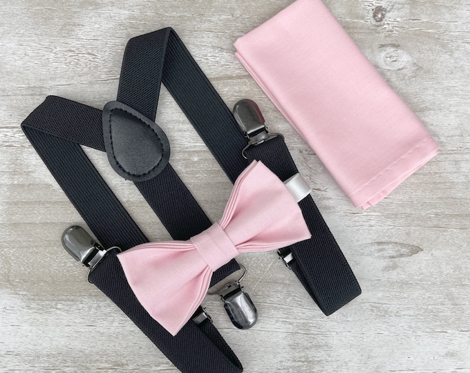 Baby Pink Bow Tie & Black Suspenders , Men's pocket square , Boy's Ring Bearer gift , Groomsmen Wedding outfit