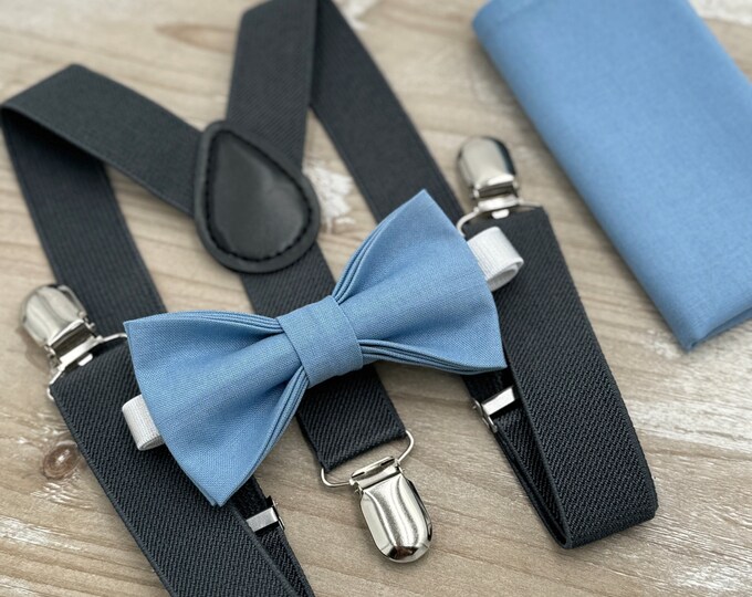 Steel Bow tie & Suspenders | Charcoal Braces | Pocket Square | Ring Bearer Outfit | Boho Wedding | Rustic Wedding Outfit | Groomsman Gift