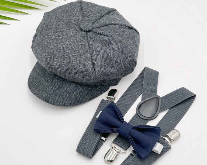 Newsboy Cap, Gatsby Flat Cap, Dark Gray Suspenders & Navy Blue Bow Tie - Baby to Adult Sizes, Ring Bearer Outfit, Page Boy Wedding Set