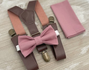 Dusty Rose Bow Tie & Leather Suspenders Set - Ring Bearer and Groomsman Outfit, Rustic Wedding, Pocket Square, All Sizes Baby to Adult