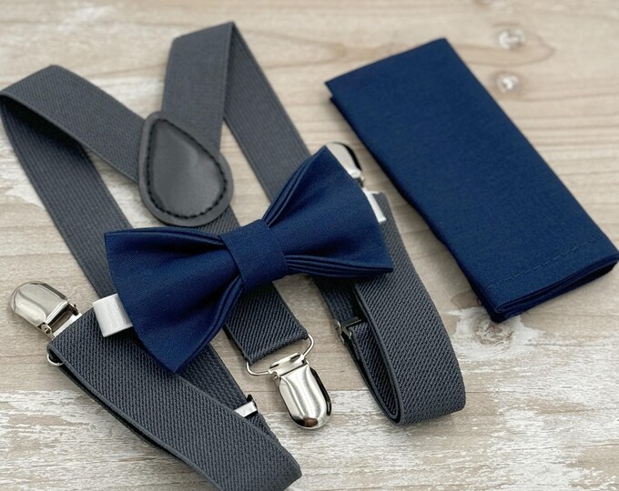 Navy Bow tie & Suspenders | Charcoal Braces | Marine Blue Bowtie | Pocket Square | Ring Bearer Outfit | Boho Rustic Wedding