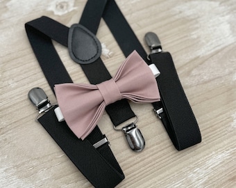 Dusty Mauve Bow Tie & Black Suspenders Set - Ring Bearer and Groomsman Outfit, Rustic Wedding, All Sizes Baby to Adult