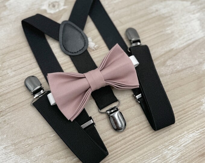 Dusty Mauve Bow tie & Suspenders, Black Braces, Quartz Bowtie, Pocket Square, Ring Bearer Outfit, Boho Rustic Wedding