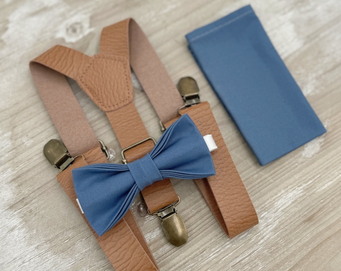 Steel Blue Bow Tie & Leather Suspenders – Ring Bearer and Groomsman Outfit, Rustic Boho Wedding, Pocket Square, Toddler to Adult Sizes