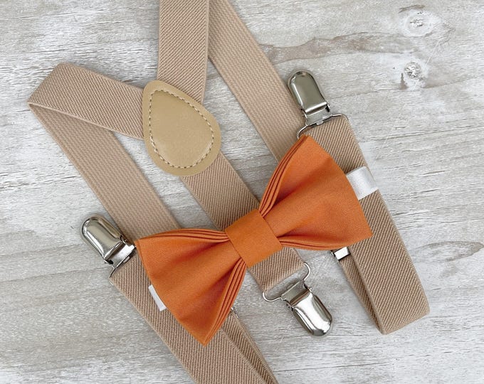 Burnt Orange Bow tie & Suspenders, Nude Braces, Pocket Square, Ring Bearer Outfit, Boho Rustic Wedding, Groomsman Gift, Barn Wedding Set