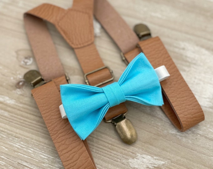 Malibu Blue Bow Tie & Suspenders , Eucalypt Bow , Light Brown Leather suspenders , Men's pocket square , Boy's Ring Bearer Groomsmen outfit