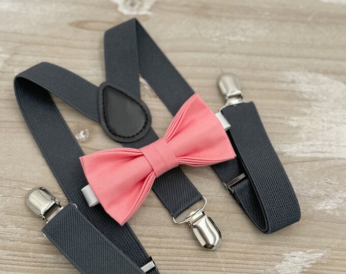 Parfait Bow tie & Suspenders | Charcoal Dark Gray Braces | Coral Bow Tie | Ring Bearer Outfit | Boho Wedding | Groomsman Gift