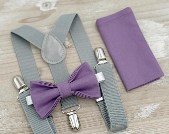 Dark Wisteria Bow tie & Suspenders | Dusty Gray Braces | Pocket Square | Ring Bearer Outfit | Boho Rustic Wedding