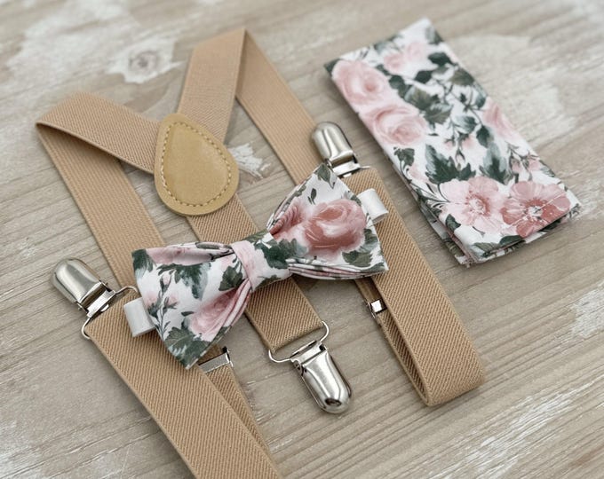 Floral Bow tie & Suspenders, Nude Beige Braces, Dusty Rose Bow Tie, Pocket Square, Ring Bearer Outfit, Boho Wedding, Groomsman Gift