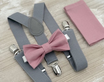 Dusty Rose Bow Tie & Gray Suspenders Set - Ring Bearer and Groomsman Outfit, Rustic Wedding, All Sizes Baby to Adult, Pocket Square