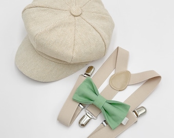 Newsboy Cap Outfit, Baby to 10 Years - Ring Bearer & Page Boy Wedding Set, Matcha Sage Green Bow Tie and Ivory Suspenders, Gatsby Flat Cap