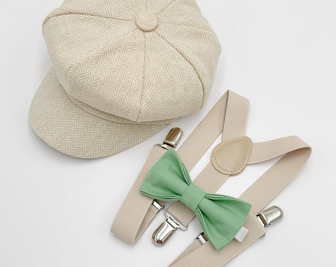 Newsboy Cap Outfit, Baby to 10 Years - Ring Bearer & Page Boy Wedding Set, Matcha Sage Green Bow Tie and Ivory Suspenders, Gatsby Flat Cap