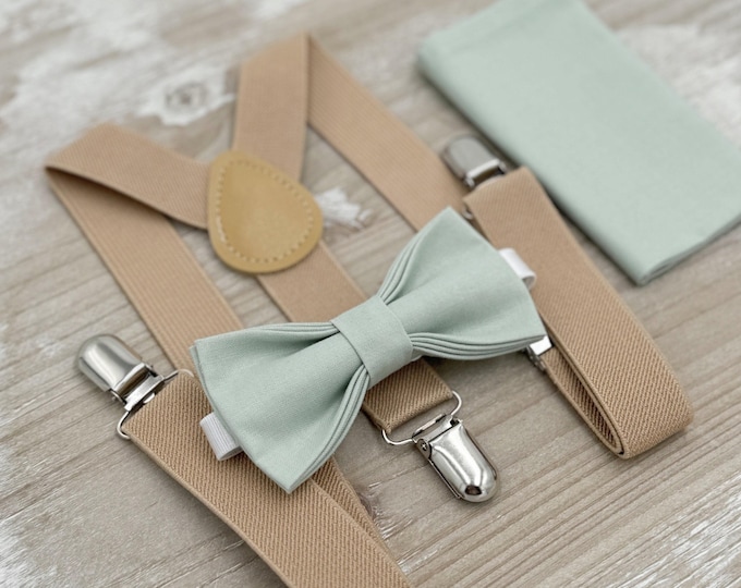 Dusty Sage Bow Tie & Beige Suspenders – Ring Bearer Outfit, All Sizes Baby to Adult, Groomsman Gift, Pocket Square, Boho Wedding Set