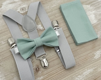 Dusty Sage Bow Tie & Agave Suspenders Set - Ring Bearer and Groomsman Outfit, Rustic Wedding, Agave Pocket Square, All Sizes Baby to Adult