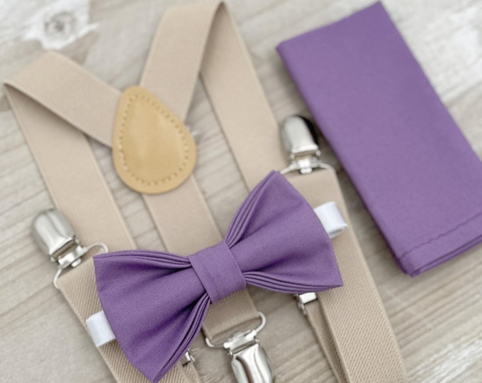 Dark Wisteria Bow tie & Suspenders | Champagne Tan Braces | Pocket Square | Ring Bearer Outfit | Boho Rustic Wedding