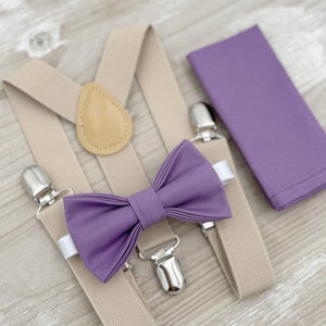 Dark Wisteria Bow tie & Suspenders | Champagne Tan Braces | Pocket Square | Ring Bearer Outfit | Boho Rustic Wedding
