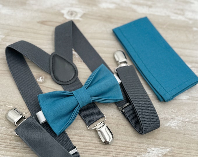 Teal Blue Bow tie & Suspenders | Charcoal Dark Gray Braces | Pocket Square | Ring Bearer Outfit | Boho Wedding | Groomsman Gift