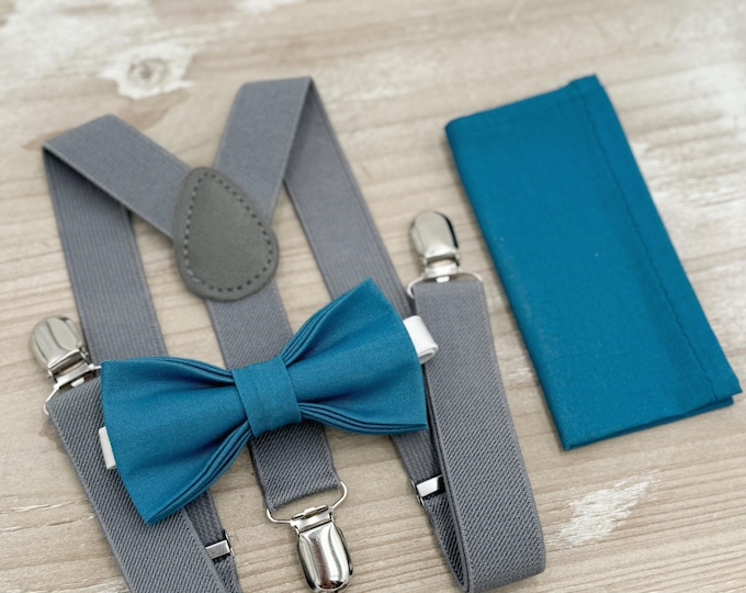 Teal Blue Bow tie & Suspenders | Gray Braces | Pocket Square | Ring Bearer Outfit | Boho Rustic Wedding
