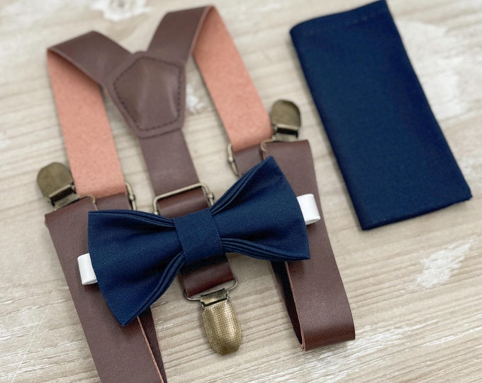 Navy Bow tie & Suspenders | Leather Braces | Marine Blue Bowtie | Pocket Square | Ring Bearer Outfit | Boho Rustic Wedding