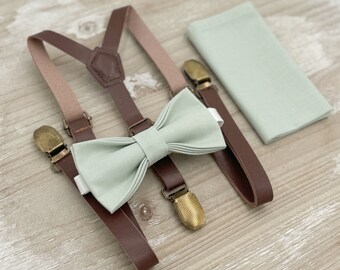 Dusty Sage Bow Tie & Skinny Leather Suspenders Set - Ring Bearer Groomsman Outfit, Rustic Wedding, Pocket Square, All Sizes Baby to Adult