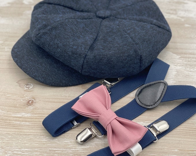 Navy Blue Newsboy cap , Boy's Applejack Flat hat , Dusty Rose Pink Bow Tie , Marine Suspenders , Wedding Ring bearer outfit , Ivy Cap