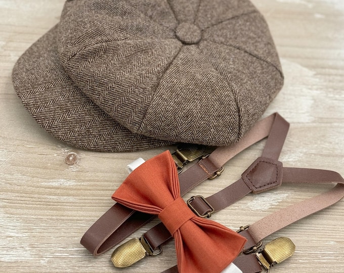 Tweed Newsboy Cap, Skinny Leather Suspenders, Paprika Bow Tie, Sienna Bow, Ring Bearer Outfit, Cake Smash Outfit, Wedding Set