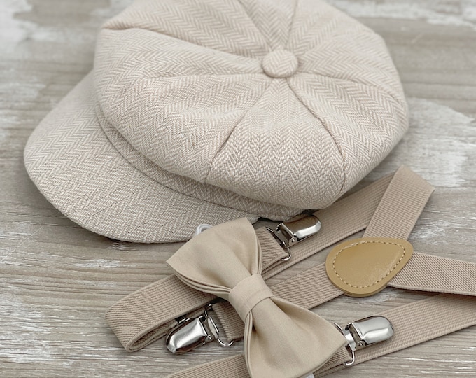 Newsboy Cap, Suspenders, Champagne Bow Tie, Ring Bearer Outfit, Cake Smash Outfit, Page Boy Cap, Wedding Set, Tan Applejack Hat
