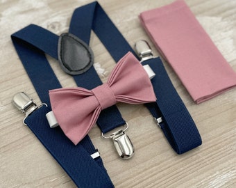 Dusty Rose Bow Tie & Suspenders – All Sizes for Men and Boys, Navy Braces, Pocket Square, Ring Bearer, Groomsman Gift, Boho Barn Wedding